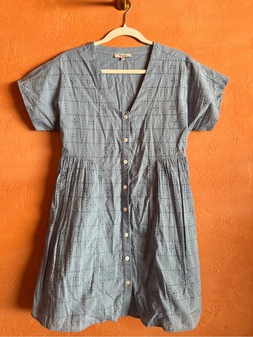 Blue Eyelet Cotton Babydoll Mini Dress Cottagecore Button Front XS